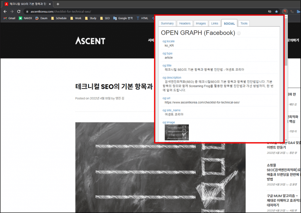 SEO META in 1 CLICK으로 Social Tag 확인하는 방법