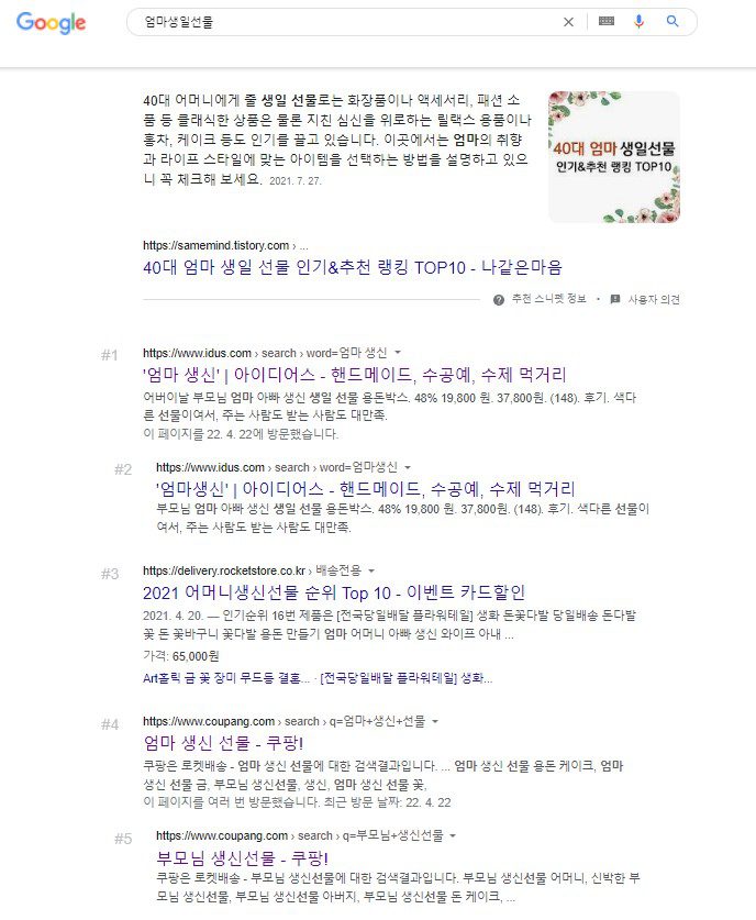 '엄마 생일 선물' 키워드의 구글 검색 결과 페이지 예시