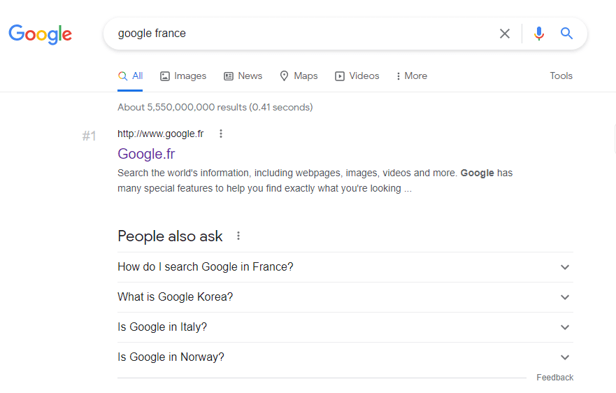 'google france'를 입력해서 직접 프랑스 구글 사이트를 찾는 방법