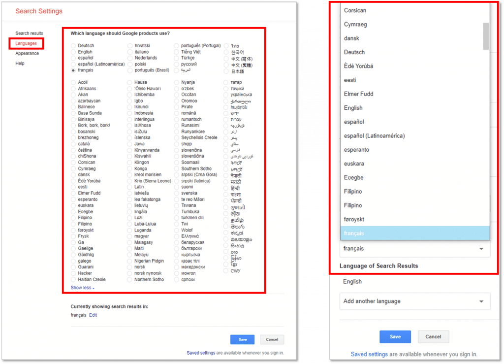 해외 검색 우회 사용을 위한 검색 언어 설정 - 구글 PC(왼쪽), 구글 Mobile(오른쪽)