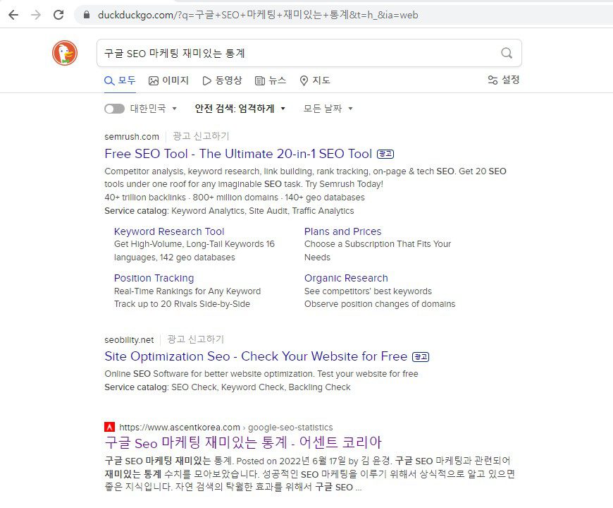 이틀 전에 구글에 색인 요청한 구글 SEO 마케팅 재미있는 통계 글이 덕덕고에서 잘 검색되는 사례