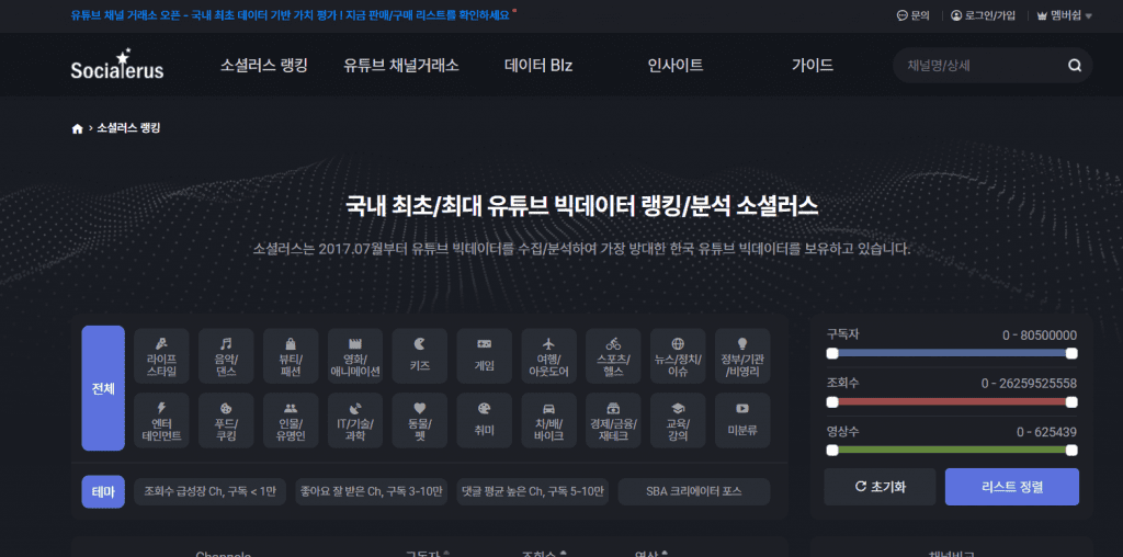 유튜브 빅데이터 랭킹 사이트 사례 소셜러스