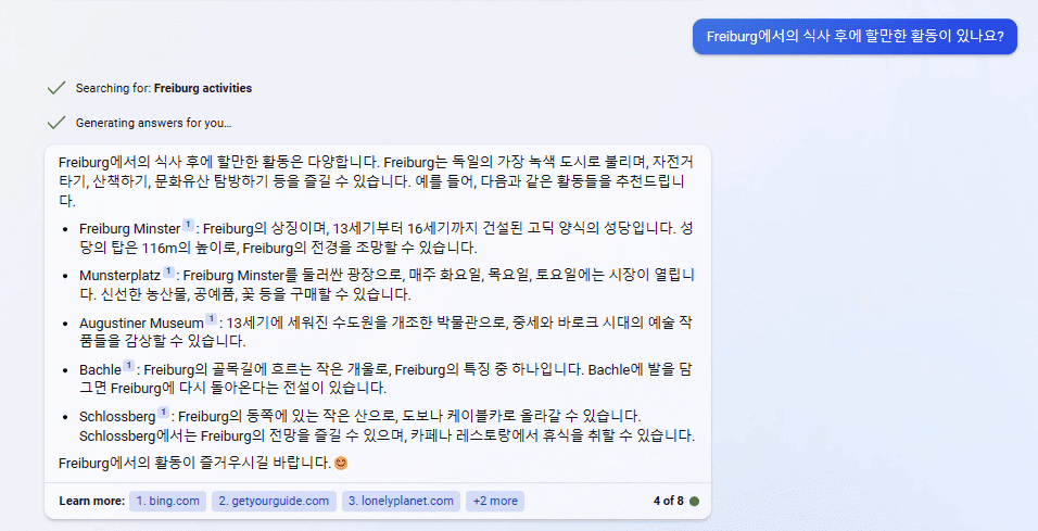 빙 AI 검색 챗봇 - 독일 여행 식사 후 추억 활동 추천 받기