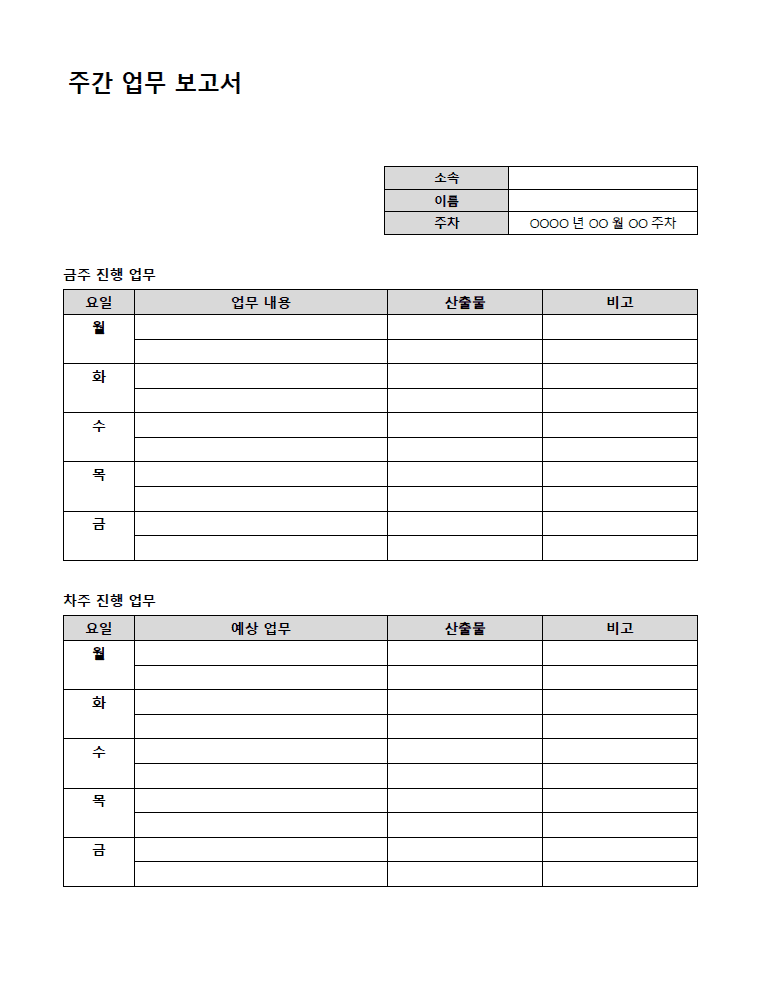 주간 업무 보고서 양식