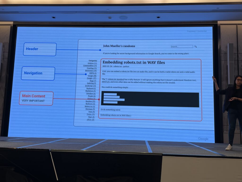 When Google crawl document, they divide in three part which header, navigation, and main content