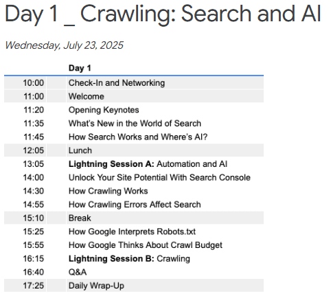 Google Search Central Live Deep Dive 1일차 Session 주제. 1일차는 크롤링, 2일차는 인덱싱, 3일차는 서빙/랭킹으로 구성됨